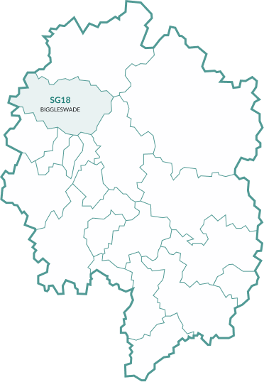 Map of the area covered, with Biggleswade highlighted