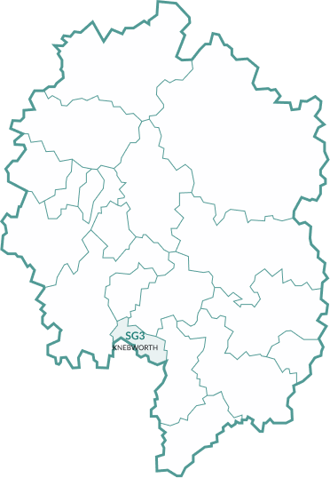 Map of the area covered, with Knebworth highlighted