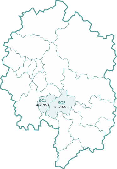 Map of the area covered, with Stevenage highlighted