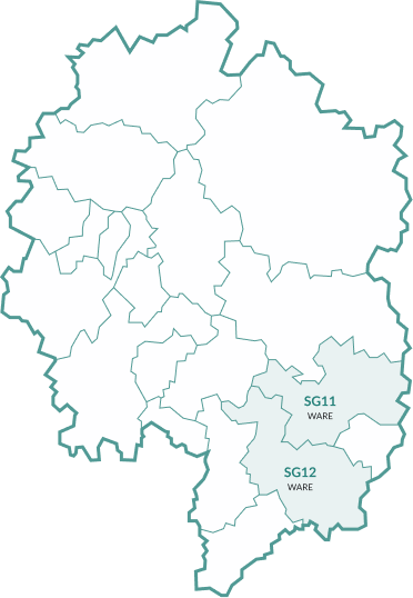 Map of the area covered, with Ware highlighted